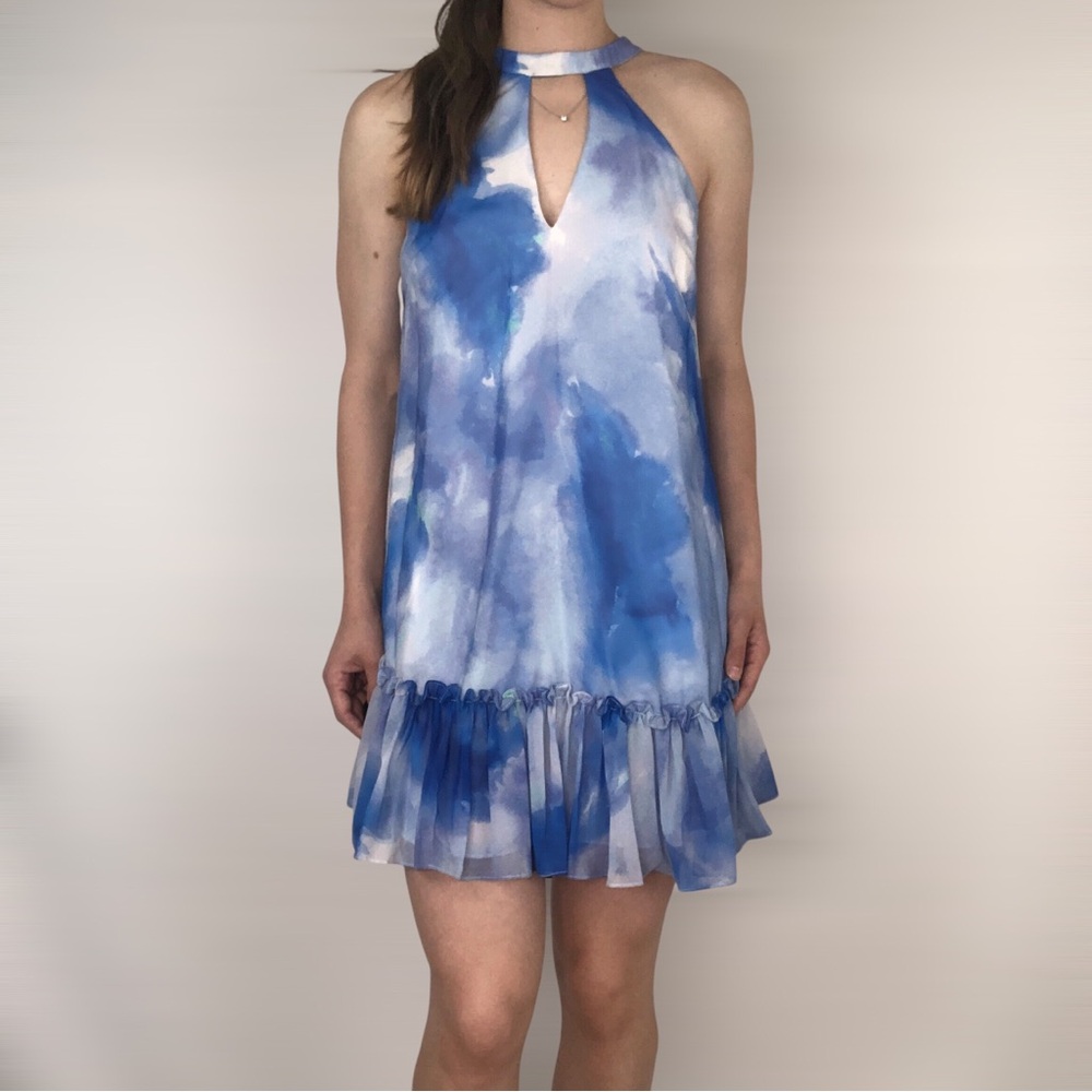NWT Aiden Mattox Marine Mock Neck Shift Dress Size 0 Ruffle Mini